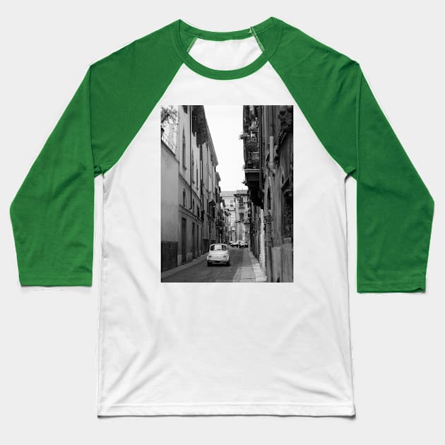 Cinquecento Fiat 500 Verona BW Baseball T-Shirt by Retrofloto